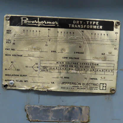 Jefferson Electric 223-3199 600V Pri 30kVa 208/120V Sec 3Ph Transformer