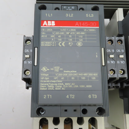 ABB A145-30 125HP 600V Reversing Contactor 230A 120V Coils W/ E-200-DU Overload