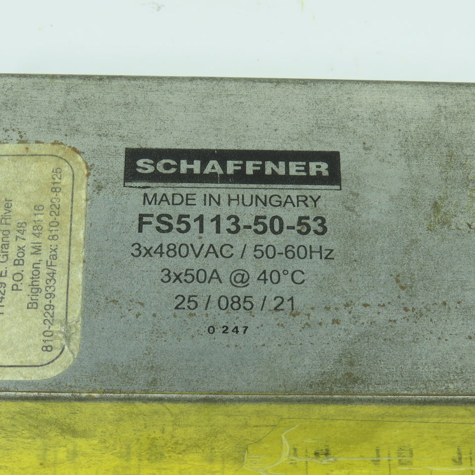 Schaffner FS5113-50-53 Inline Noise Filter 3x480VAC 50/60HZ 3x50A