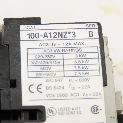 Allen Bradley 100-A12NZ*3 600V 10Hp 12A Contactor Relay 24VDC Coil