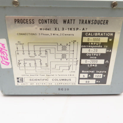 Scientific Columbus XL 3-1K5P-A7 5A 120V 60Hz Process Control Watt Transducer