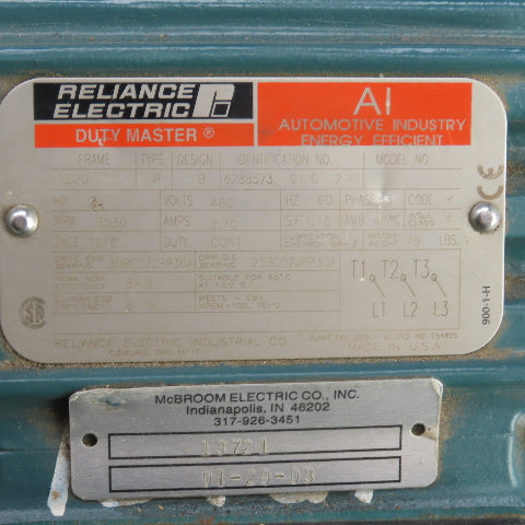 Reliance Duty Master 2HP AC Electric Motor 3530RPM 460V 3PH 2.7A 182U Frame
