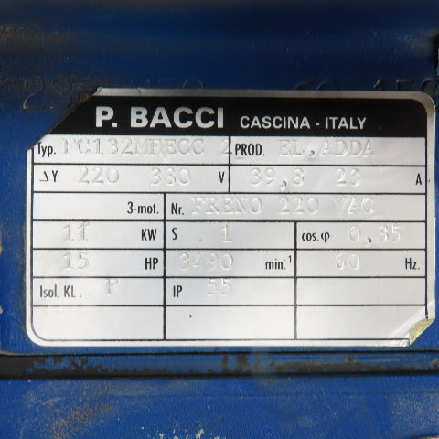 P. Bacci FC132MFECC-2 11kW 15HP AC Electric Motor 3490RPM 220/380V 3PH W/Brake