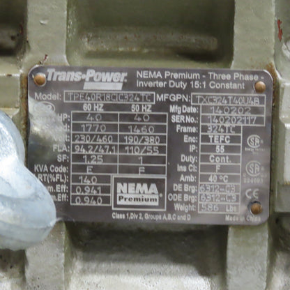 Trans Power 40Hp 1170RPM 230/460V 3Ph Inverter Duty Hazardous Location AC Motor