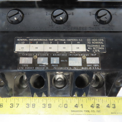 ITE X147278 Vintage 600V 10A 3 Pole Adjustable Trip Molded Case Circuit Breaker