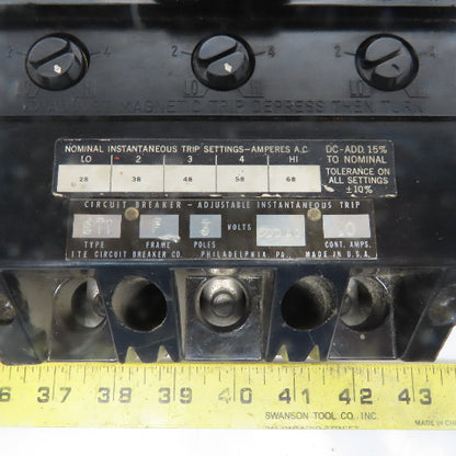 ITE X147278 Vintage 600V 10A 3 Pole Adjustable Trip Molded Case Circuit Breaker