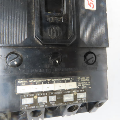 ITE X147278 Vintage 600V 10A 3 Pole Adjustable Trip Molded Case Circuit Breaker