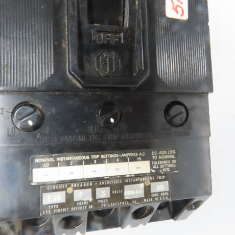 ITE X147278 Vintage 600V 10A 3 Pole Adjustable Trip Molded Case Circuit Breaker