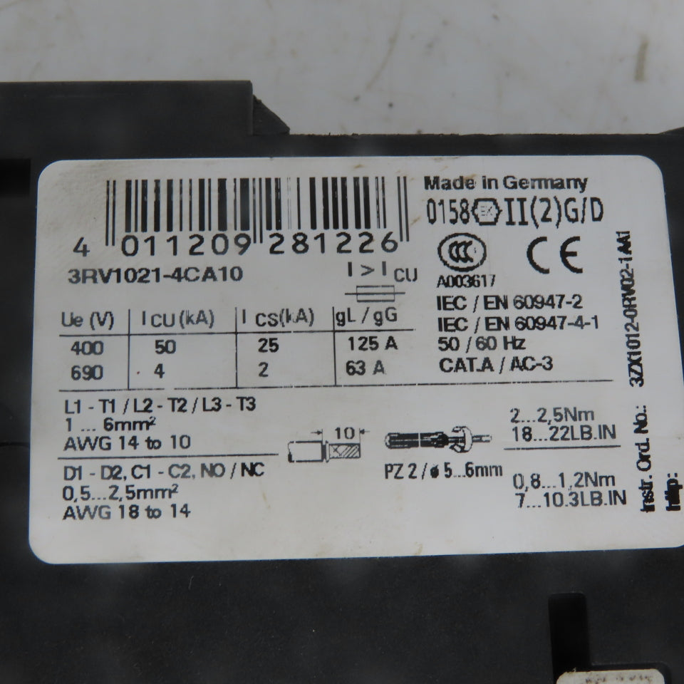 Siemens 3RV1021-4CA10 Motor Starter W/3RT1017-1AK61 Contactor