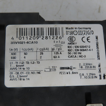 Siemens 3RV1021-4CA10 Motor Starter W/3RT1017-1AK61 Contactor