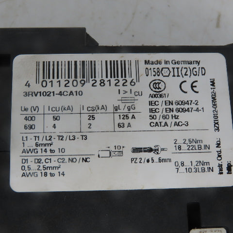 Siemens 3RV1021-4CA10 Motor Starter W/3RT1017-1AK61 Contactor