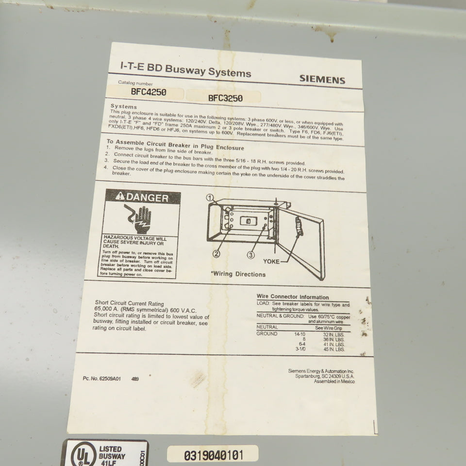 Siemens BFC4250 I-T-E 250 Amp Bus Plug Tap Switch 600VAC 3PH 4W W/ 150A Breaker