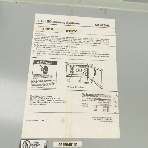 Siemens BFC4250 I-T-E 250 Amp Bus Plug Tap Switch 600VAC 3PH 4W W/ 150A Breaker