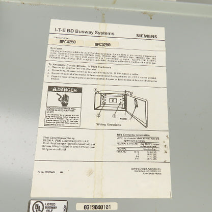 Siemens BFC4250 I-T-E 250 Amp Bus Plug Tap Switch 600VAC 3PH 4W W/ 150A Breaker