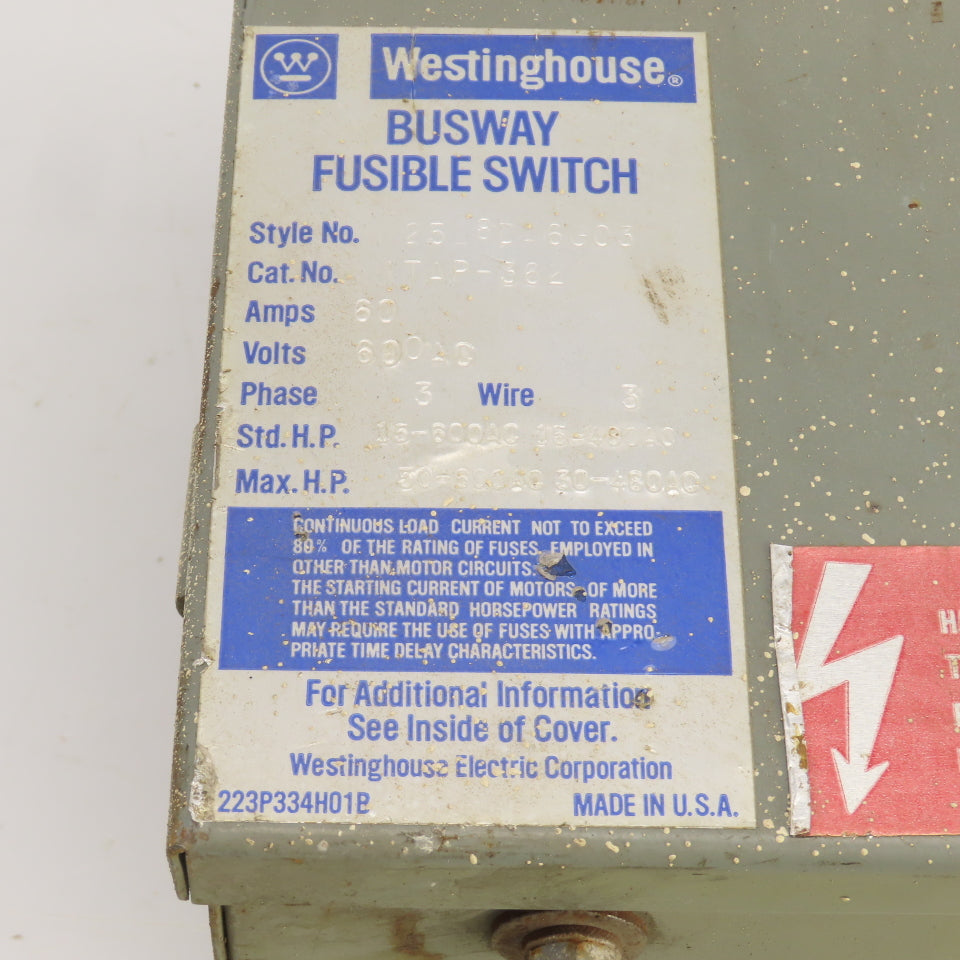 Westinghouse 2528D46G03 I-T-E 60 Amp Fusible Bus Plug Tap Switch 600VAC 3PH 3W