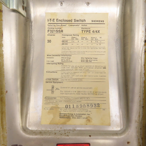Siemens F321SSR 30A Stainless Steel Safety Disconnect Switch 240V 4/4X Enc.