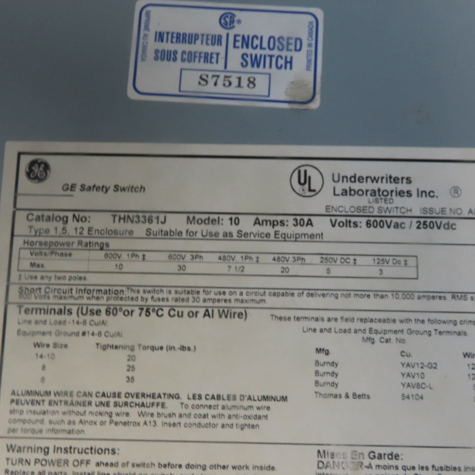 Ge General Electric THN3361J Non Fused Disconnect Switch 30A 600V 3 Pole