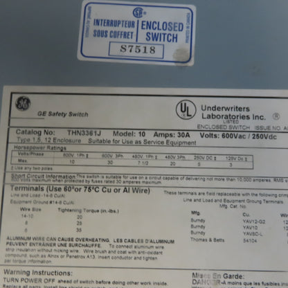 Ge General Electric THN3361J Non Fused Disconnect Switch 30A 600V 3 Pole