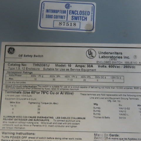 Ge General Electric THN3361J Non Fused Disconnect Switch 30A 600V 3 Pole
