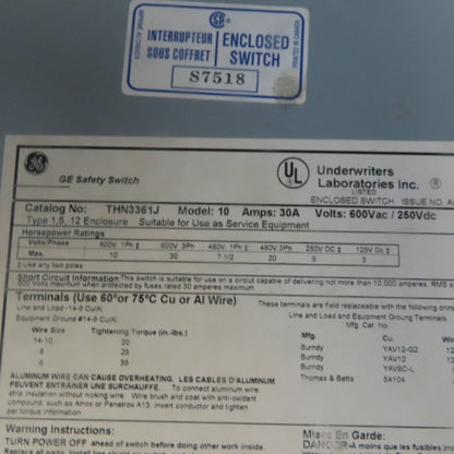 Ge General Electric THN3361J Non Fused Disconnect Switch 30A 600V 3 Pole