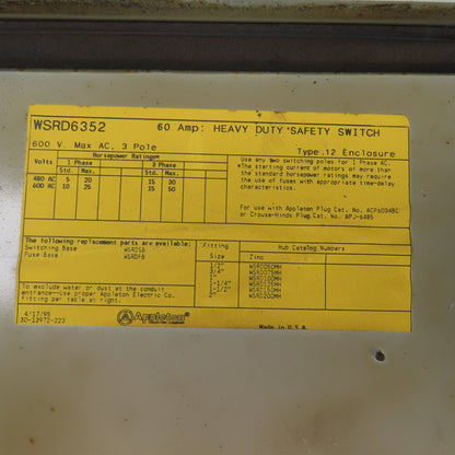 Appleton WSRD6352 60A Heavy Duty Fusible Safety Disconnect Switch 600V WRDK6034