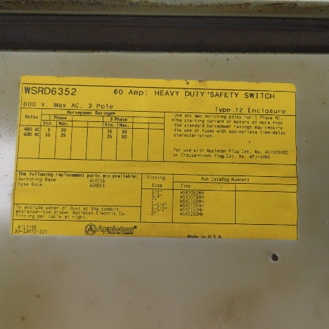 Appleton WSRD6352 60A Heavy Duty Fusible Safety Disconnect Switch 600V WRDK6034