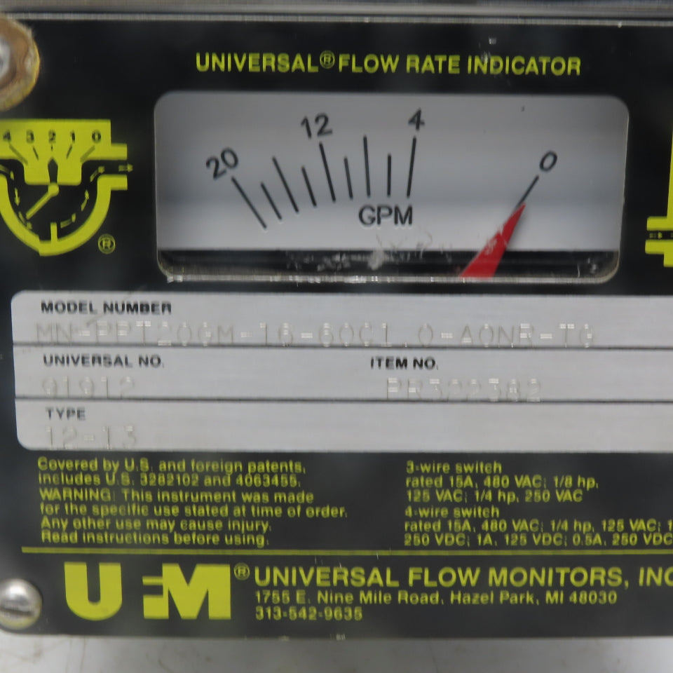 Universal Flow Monitor MN-PPT20GM-16-60C1.0-A0NR-TG 0-20GPM Stainless 2" NPT