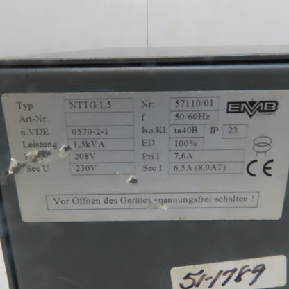 MVB 571110/01 NTG 1.5 Transformer 1.5KVA Pri 208V 7.6V Sec 230V 6.5A 50/60Hz