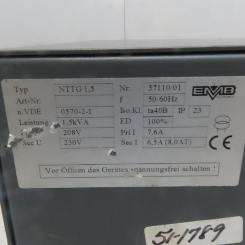 MVB 571110/01 NTG 1.5 Transformer 1.5KVA Pri 208V 7.6V Sec 230V 6.5A 50/60Hz