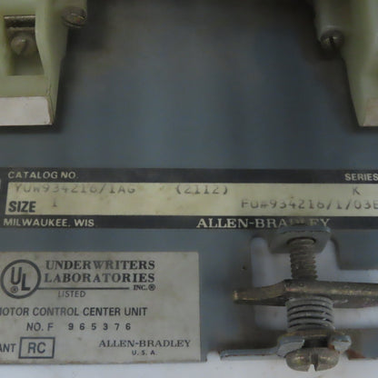 Allen Bradley YUW934216/1AG Size 1 Mcc Motor Starter Bucket 10Hp 480V 3ph 3 Pole