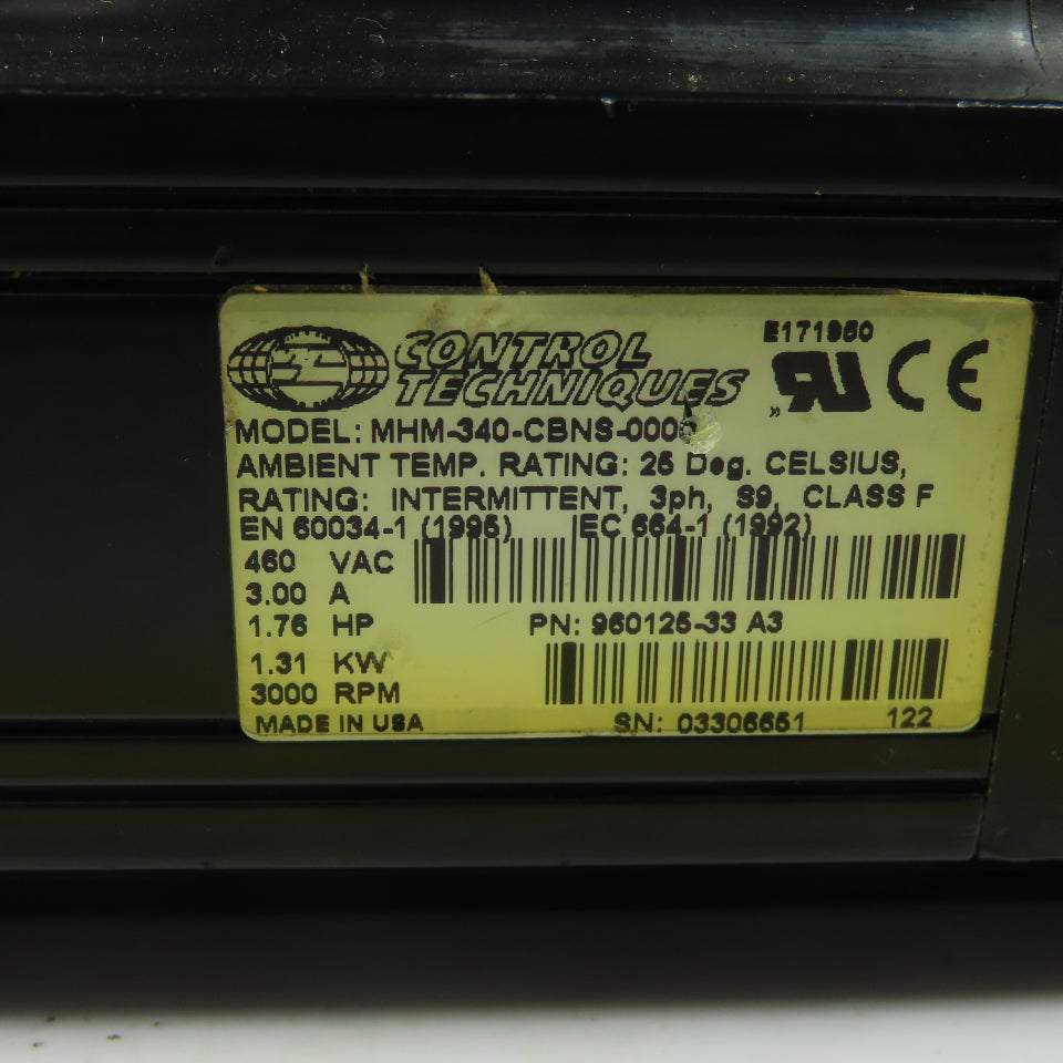 Control Techniques MHM-340-CBNS-0000 460VAC Servo Motor 1.76Hp 3000RPM 3Ph