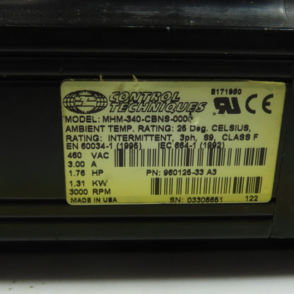 Control Techniques MHM-340-CBNS-0000 460VAC Servo Motor 1.76Hp 3000RPM 3Ph
