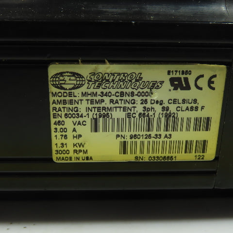 Control Techniques MHM-340-CBNS-0000 460VAC Servo Motor 1.76Hp 3000RPM 3Ph