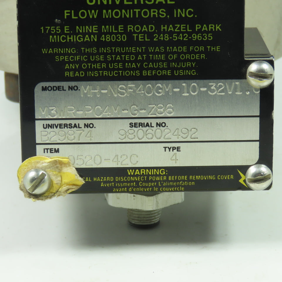 UFN MH-NSF40GM-10-32V1.0M3WR-PC4M-G-Z86 0-40GPM Flow Meter 1-1/4" NPT
