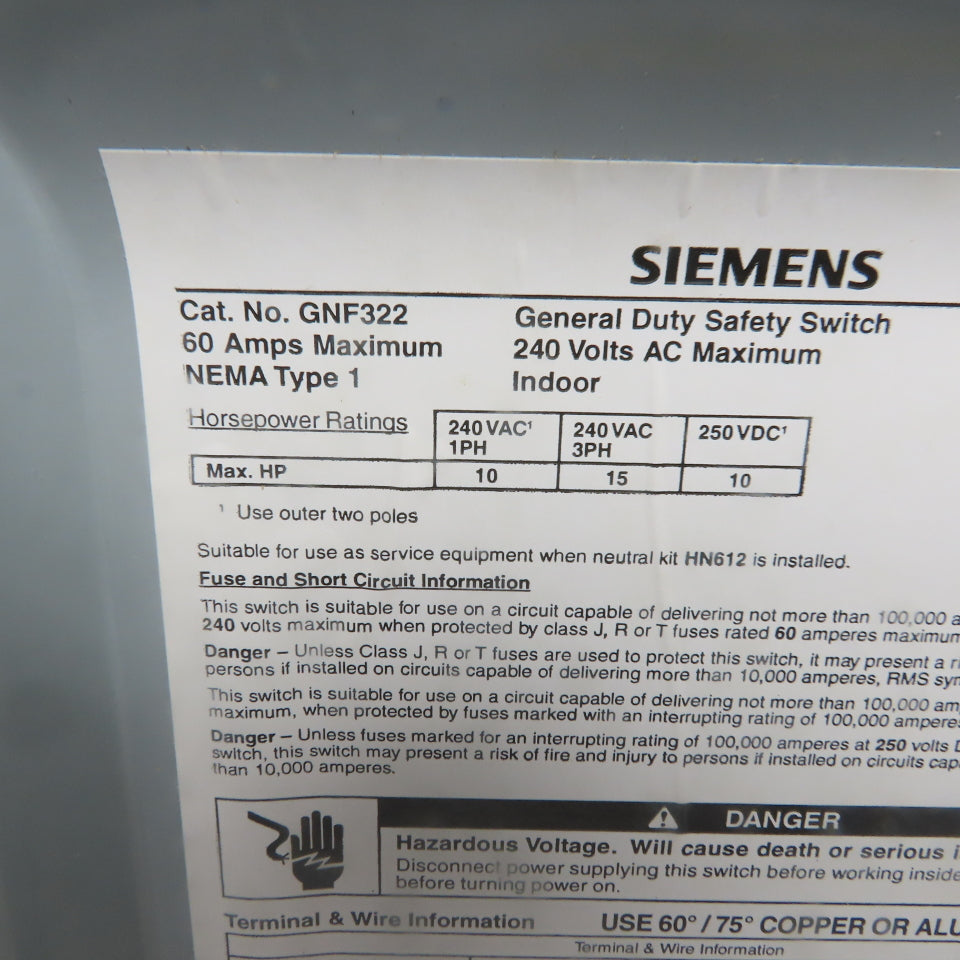 Siemens GNF322 60A 240V 3P Non-Fusible Safety Disconnect Switch Type 1 Enclosure