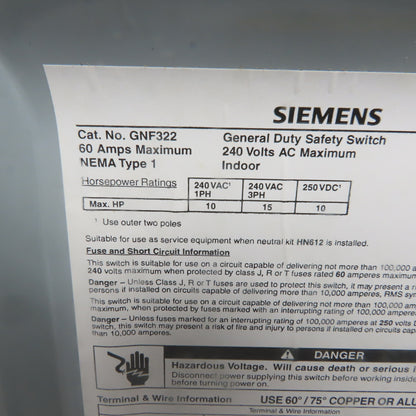 Siemens GNF322 60A 240V 3P Non-Fusible Safety Disconnect Switch Type 1 Enclosure