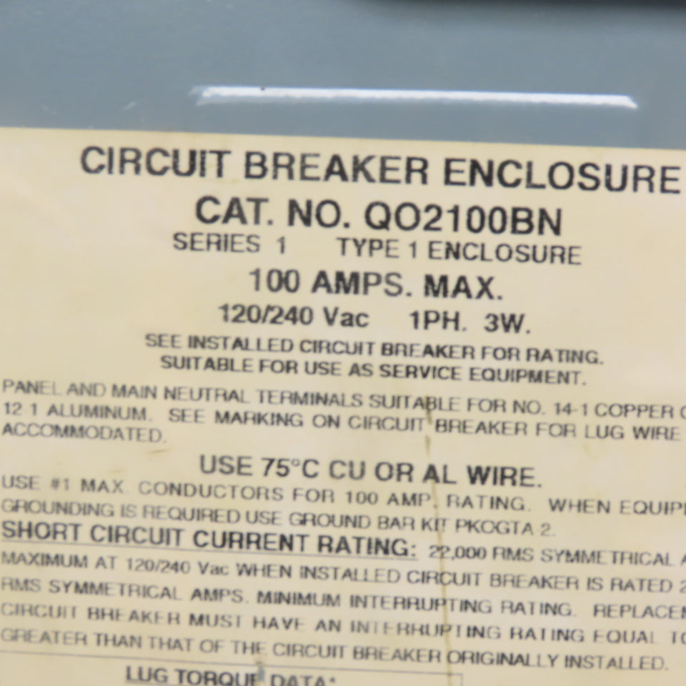 Square D QO2100BN Circuit Breaker Enclosure 100A 120/240V Single Phase 3W