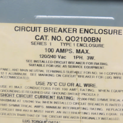 Square D QO2100BN Circuit Breaker Enclosure 100A 120/240V Single Phase 3W