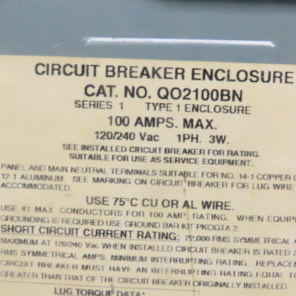 Square D QO2100BN Circuit Breaker Enclosure 100A 120/240V Single Phase 3W