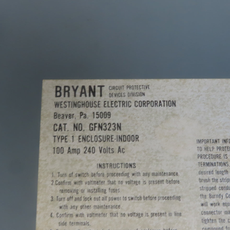 Bryant GFN32N 100A 240V 2 Pole Single Phase Fusible Safety Disconnect Switch