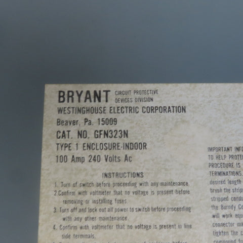 Bryant GFN32N 100A 240V 2 Pole Single Phase Fusible Safety Disconnect Switch