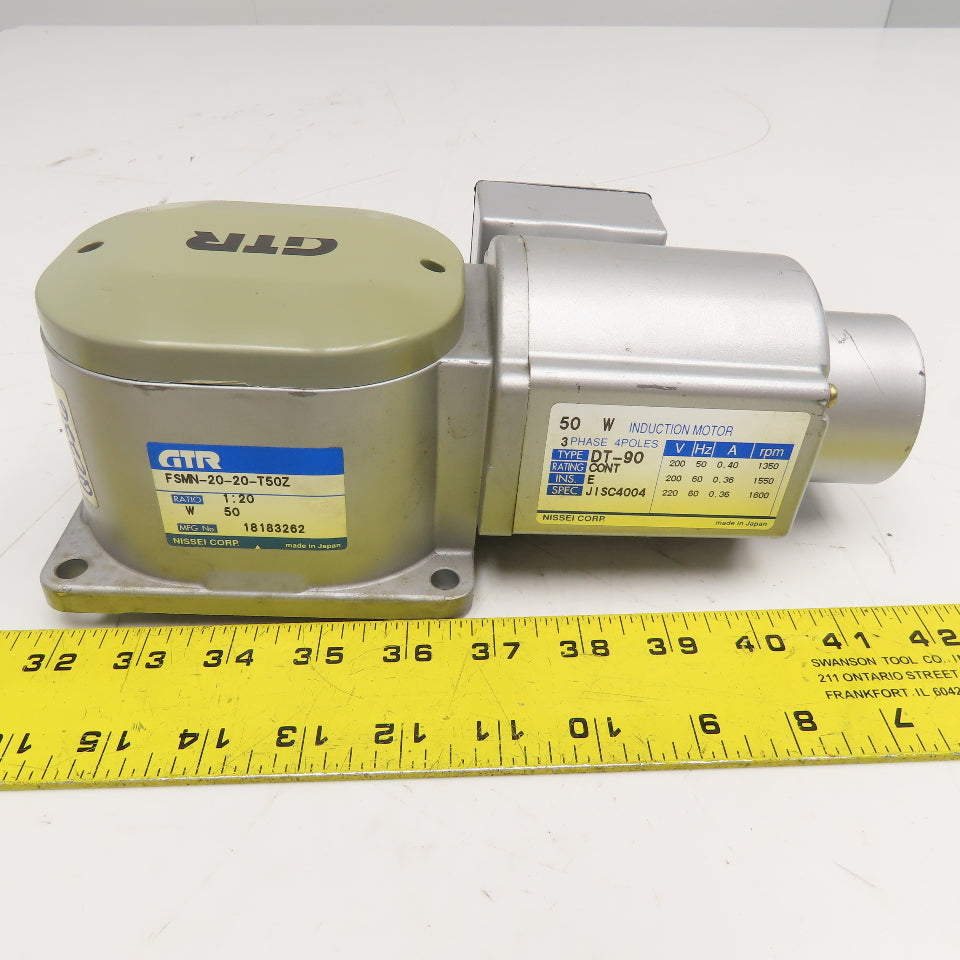 Nissei FSMN-20-20T50Z 20:1 Ratio 200/220V 3Ph Thru Shaft Right Angle Gear Motor