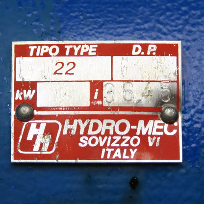 Hydro-Mec Type 22 36.45:1 Ratio Gear Motor .9kW 50/60Hz 49RPM Output Tested
