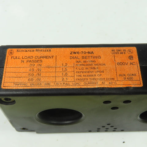 Klockner Moeller ZW6-70-NA 600VAC Overload Relay 3 Pole
