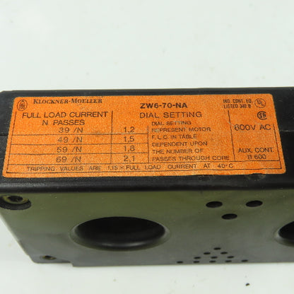 Klockner Moeller ZW6-70-NA 600VAC Overload Relay 3 Pole