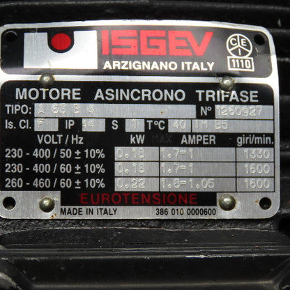 ISGEV A63B4 28:1 Ratio 57RPM Output Gear Motor 230/460V 3Ph .18/.22kW 50/60Hz