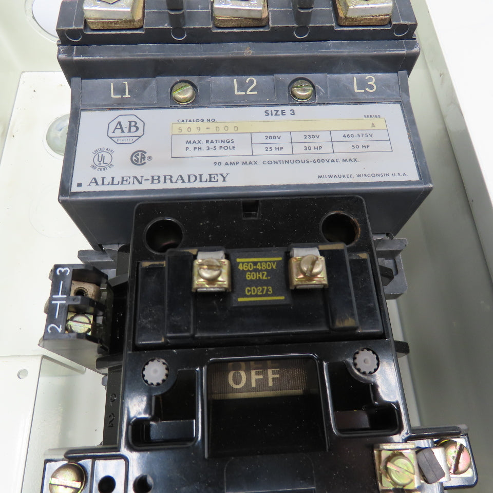 Allen Bradley 509-DAD Size 3 Motor Starter 3P 509-DOD 600V 90A 50Hp 480V Coil
