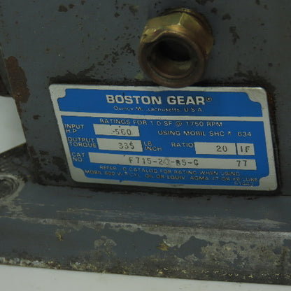 Boston Gear F1715-20-B5-G 20:1 Ratio Right Angle Gearbox 1750RPM 0.56HP Input