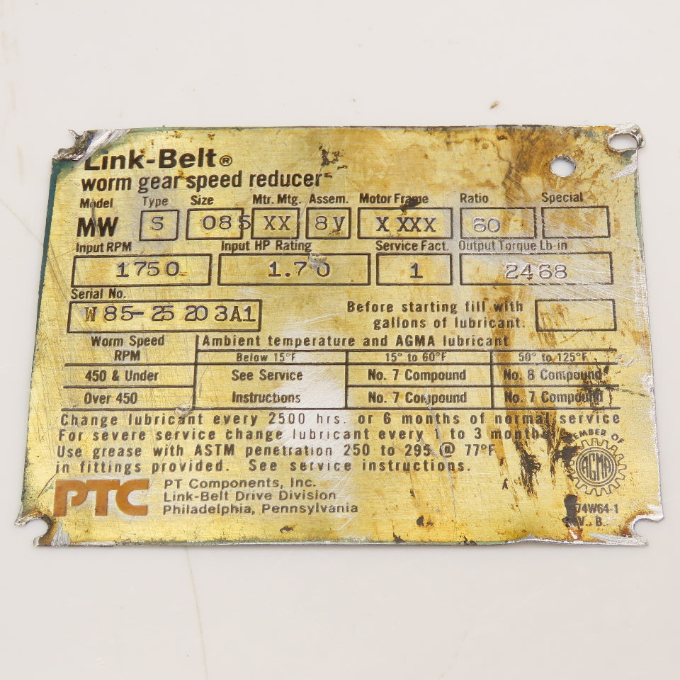 Link Belt Model MW 60:1 Ratio Size 085 Dual Shaft Output Gear Box Part/Repair