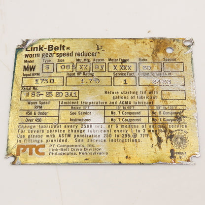 Link Belt Model MW 60:1 Ratio Size 085 Dual Shaft Output Gear Box Part/Repair